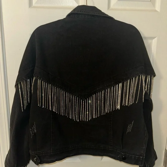 Black Jean jacket with rhinestone across front & back - Picture 3 of 8